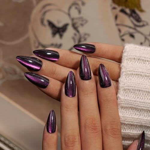 KQueenest Cat Eye Press On Nails - Glitzer Lila Schwarz Nägel zum Aufkleben Mandel, Sparkle Bling Fake Nails Set, Künstliche Fingernägel Mittel, Luxus Acryl Nägel für Frauen, 30 Stück