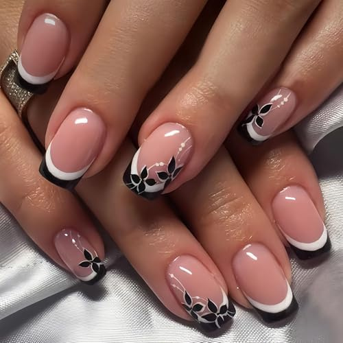 GlamRays Lot de 24 faux ongles carrés noirs à coller - En acrylique - Avec lignes blanches - Motif floral rose