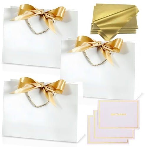 3 piezas Bolsas Regalo Blanco,Bolsa de Papel Cumpleaños Medianas con Asa,3 Lazo 3 Tarjeta Felicitación y 6 Pañuelos,Embalaje de Regalo para Cumpleaños,Fiestas,Bodas,Baby Showers,Celebración