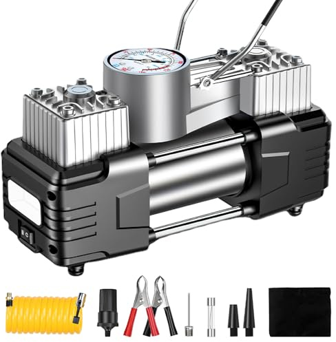 BEOSIOR Tire Inflator 12V Portable Air Compressor, 100PSI Double Cylinders Air Pump for Car Tires with LED Light Gauge for Car Trucks Bike Motor Ball
