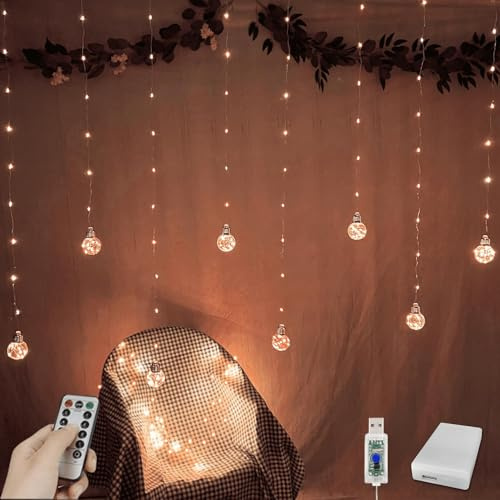 YOLIGHT Wishing Ball Curtain Lights 200 LED Window Curtain Lights with Remote Timer, USB Battery Powered Twinkle Globe Fairy Lights for Wedding Party Bedroom Christmas Decoration (Orange)