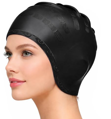 Cuffia da bagno, protezione per le orecchie, 3D, cuffia da bagno per donne e uomini, in silicone, impermeabile, per nuoto per capelli corti/lunghi, per adulti e giovani(nero)
