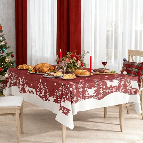 PureHaus Weihnachtstischdecke Rot 150x305 cm, Wasserfest Weihnachten Häuser Baum Elch Tablecloth für Winter Ferien Wohnkultur, Festliche Deko für Weihnachten Silvester