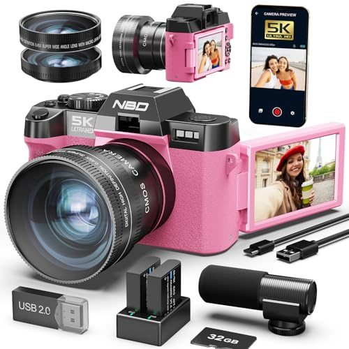 NBD Cámara Digital de 5K 48 MP con Enfoque Automático, Zoom 16X, Pantalla Abatible 3 180°, WiFi – Lente Gran Angular/Macro + Micrófono Externo + Tarjeta 32GB + 2 Baterías(Rosa)