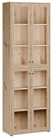 Forte TEMPRA2 Vitrine 70 80, Moderne Standvitrine mit 4 Glastüren, Holzwerkstoff, Artisan Eiche Holzdekor, 73,7 cm breit x 216,7 cm hoch x 34,8 cm tief