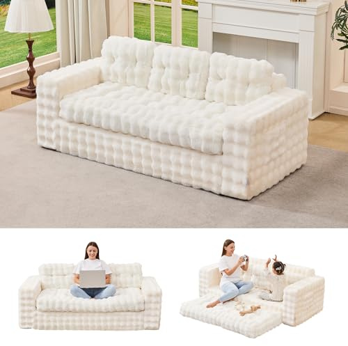 Hobestluk 3-Seater Sofa Boneless Couch with Tufted Button Design 2 in 1 Comfy Cloud Couch Oversized Sofa for Living Room Bedroom Apartment or Office (White, 3 Seater)