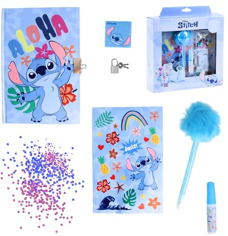 Disney Stitch Juego de Papelería, Incluye 1 Boligrafo Pom Pom, Lentejuelas, Pegatinas, Cuaderno Candado y Llaves, Regalo Set de Papeleria para Niñas