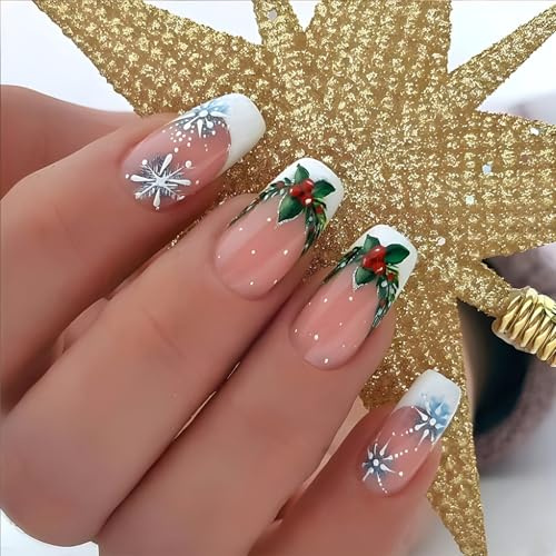 24PCS Press on Nails Short - Xmas Glitter Fake Nails with Glue - Snowflake and Christmas Holly Designs - Short Square False Nails - Acrylic French Stick on Nails - Suitable for Christmas Party