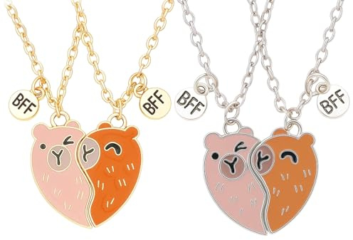 Wnzdp 2 Pairs BFF Necklace for 2 Girls, Capybara BFF Heart Friendship Necklace, Best Friend Necklaces Matching, Best Friend Necklaces for 2 Women Birthday Christmas Valentines Gifts