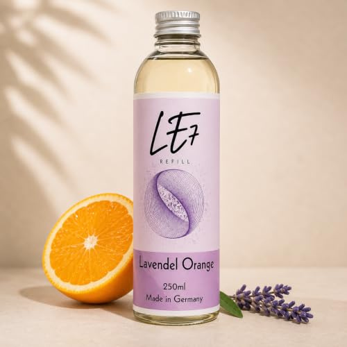 LE7 Raumduft Nachfüller 250 ml – Raumduft Refill mit ätherischen Ölen – Duftstäbchen Nachfüllflasche für Zuhause, Büro & Hotel – intensive&Langanhaltend (Lavendel Orange)
