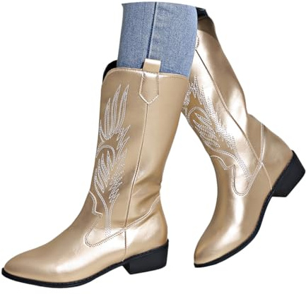 shownicer Bottes Femmes Western Cowboy Bottes Avec Talon Confortable Floral Bottines Automne Hiver A Or 39