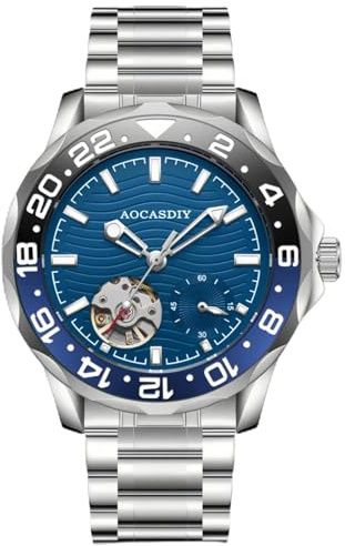 DAXIAOYU Klassisk digital timing roterande infattning herr mekanisk klocka svänghjul ihålig design lysande vattentät rostfritt stål business automatiska armbandsur, Silver Blå, Lyx