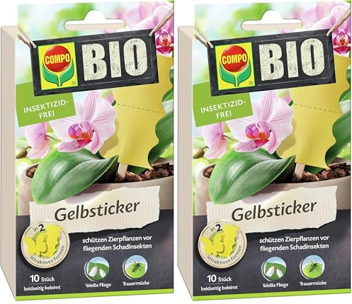 COMPO Bio Gelbsticker, Leimfalle, Ideal als Fliegenfalle, Inklusive Holzstäbe, Insektizid-frei, 10 Stück (Packung mit 2)