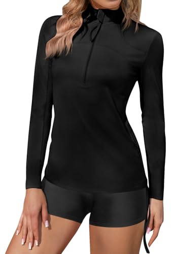 Yousify Women Rash Guard Long Sleeve Swim Shirts UPF 50+ Sun Protection Swimsuit Top Half Zip Up Quick Dry Bathing Suit Top Black