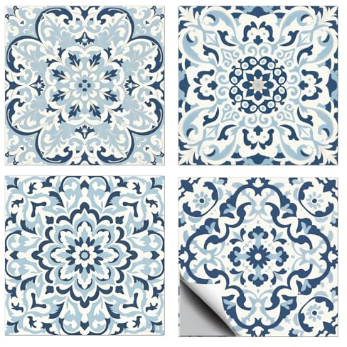 CONCHLERY 36 Stück 4 Stil Retro-Fliesenaufkleber mit blauem Muster Wandfliesenaufkleber mit Vintage Wasserdichte Selbstklebende Aufkleber für Wanddekorationen, 10×10cm