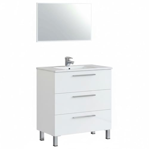 Mobile Bagno A Terra Con 3 Cassetti Lavabo In Ceramica E Specchio 77 x 50 Cm Inclusi Design Moderno Salvaspazio Elegante E Funzionale 80 x 45 x 86 Cm (Bianco)