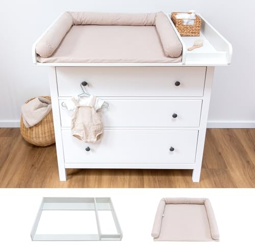 LIMMALAND Wickelaufsatz-Set für IKEA HEMNES 108cm - Pure Beige | Aufsatz mit Trennfach, Auflage aus 100% Baumwolle · waschbar bei 60°C · inkl. Baumwoll-Schlange als Stoßschutz