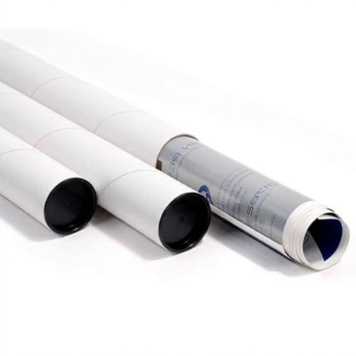 Genérico Pack 25 Tubos de cartón para envíos (Ø 5 cm x 51 cm útiles) | Tubos portaplanos color blanco con tapas negras de plástico | Ideal para envío de documentos, pósters, láminas, cuadros...