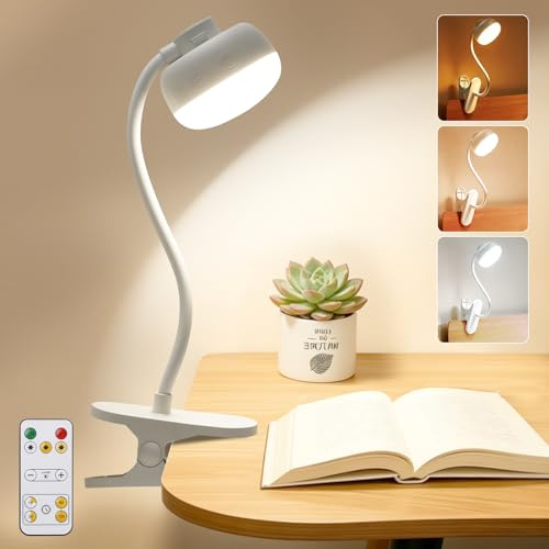 Lámpara de Lectura con Pinza, Lampara Lectura Recargable Brazo Flexible 30cm, 3 Colores y 9 Niveles de Brillo, Táctil y Control Remoto, 36 LEDs, 5000mAh USB-C, Portátil para Escritorio, Cama y Niños
