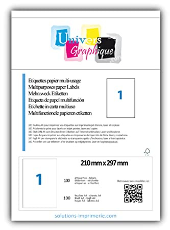 100 Bogen DIN A4 zu je 1 Etikett (210 x 297 mm)= 100 bedruckbare Etiketten, permanent haftend, mattweiß. Kompatibel mit allen gängigen Drucksystemen und Softwareprogrammen Grammatur 70gr/m2