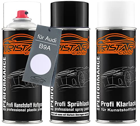 TRISTARcolor Autolack Spray Set Kunststoff für Audi B9A Candyweiss | Branco Cristal, Sprühdosen-Set für Stoßstange/Plastik, Kunststoff-Haftgrund + Basislack + Klarlack
