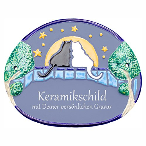 Handarbeit aus Schleswig-Holstein Keramikschild 19,0 x 15,0 cm Motiv Zwei Katzen vor Nachthimmel (hellblau)