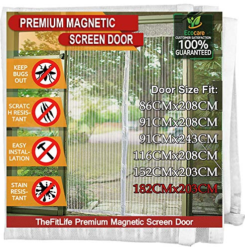 TheFitLife Magnetic Fly Screen Door, Heavy Duty Mesh Curtain, Hands Free | 188x206cm - Fits Doors up to 182x203cm Max, White, with Full Frame Hook & Loop Powerful Magnets, Pet & Kid Friendly