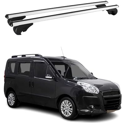 OMAC Aluminium Dachträger Querträger für FIAT Doblo II 2010-2021 – TÜV/DIN 75302:2019 – Abschließbar – Max. 75 kg – 2 Stangen Silber