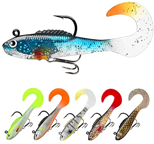 TRUSCEND Angelköder Gummifische Kunöder Gummiköder Set Fische Angeln Forelle Zander & andere große lebend Köder Jigköpfe, BKK/VMC-Haken, Japan-Formel, Süßwasser-Salzwasser-Fischen Geschenk für Männe