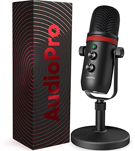 AUDIOPRO USB Microphone - Computer Condenser Gaming Mic for PC/Laptop/Phone/PS4/5, Headphone Output, Volume Control, USB Type C Plug and Play, LED Mute Button, for Streaming, Podcast, Studio Recording