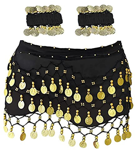 Belly Dance Hip Scarf With 128 Coins, Skirt Wrap Belt, Wrist Ankle Bracelets, Waist Chain for Zumba or Yoga Class, Performance Costume Black