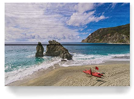 artboxONE Holzbild 30x20 cm Natur Meer, Boot, Strand, Felsen von Künstler Rico Ködder