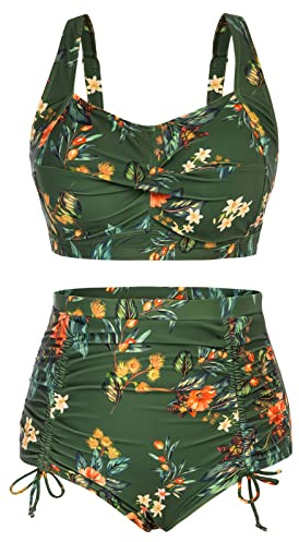 Hanna Nikole Sexy Bikini Sets for Women Plus Size Two Piece Bathing Suit Padded Floral Print Ruffle Swimsuits 18W Green Flowers