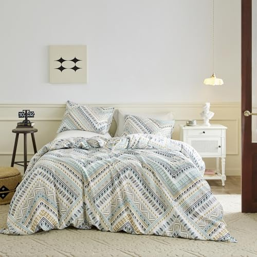 SUSYBAO Yellow Green Geometric Duvet Cover Queen 100% Cotton 3 Pcs Set 1 Southwestern Boho Aztec Duvet Cover with Zipper Ties 2 Pillowcases Vintage Tribal Bohemian Bedding Set Soft Breathable