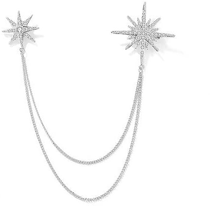 Silver Rhinestone Star Brooch for Women Girls Men Fashion Crystal Snowflake Tassel Lapel Pins Dress Suit Accessories Bouquet Dainty Jewelry Winter Holiday Dancing Party Ceremony Banquet Decoration Gift