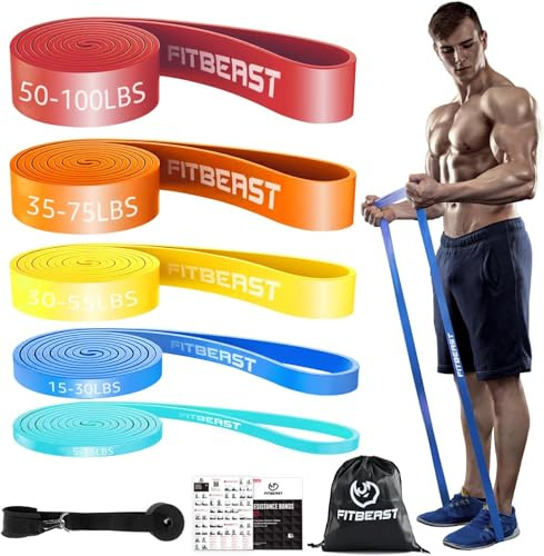 FitBeast Lot de 5 bandes de résistance, 5 niveaux différents, avec boucle de porte et coussinets antidérapants, idéal pour pilates, entraînement, physiothérapie, stretching, yoga, gymnastique à