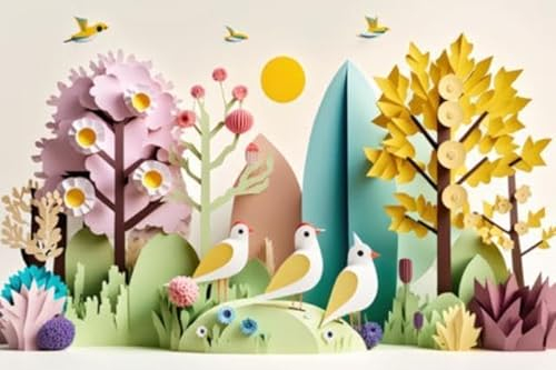 Acryl-Bild 110 x 70 cm: Naturpflanzen und Vögel der Frühlingssaison auf weißem Hintergrund in Pastellfarben und Papierhandwerksstil. (200532207)