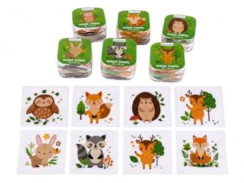 Palleon 12er Set Magische Baumwoll Handtücher | Zauberhandtücher mit tollen Motiven – Dinosaurier, Einhorn, Tiere, Fußball uvm. | 100% Baumwolle | Perfektes Mitgebsel & Geschenk für Kinder (Waldtiere)
