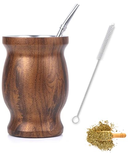 NUWIQ Mate Becher, Mate Tee Set, mit Strohhalmlöffel und Reinigungsbürste, Geeignet für Haus, Schule, Büro, Farbe der Holzmaserung