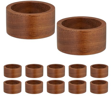 Relaxdays Serviettenringe, 12er Set, aus Holz, HxD: 2,5 x 5 cm, Serviettenhalter, Papier- und Stoffservietten, braun