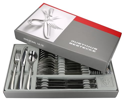 Justinus Twist 150tlg Komplett-Besteck-Set I für 30 Personen I mit geschwungenem Griff I aus rostfreiem poliertem 18/10 Edelstahl & Klingenstahl I Gabel, Messer & Löffel I für Gastro & Zuhause