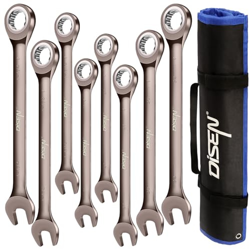 DISEN 8pcs Large Ratcheting Wrench Set | Metric and SAE Combination Wrench Set |Nickel Plating with Rolling Pouch | 24,27,30,32mm & 1'',1-1/16'',1-1/8'',1-1/4''| CR-V Steel Gift for Father