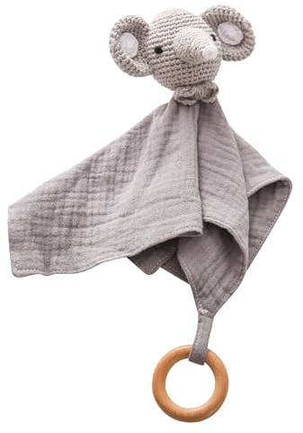 WOODEN TEETHER Schnuffeltuch Baby, Musselin Schmusetuch alsBaby Geschenk zur Geburt von Junge & Mädchen Schnuffeltuch, Kuscheltier für Babys und Kleinkinder ab 0+ Monaten(Elefanten)