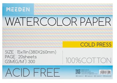 MEEDEN Vattenfärg pappersblock – 100 % bomull akvarell pappersdyna med 20 ark, 150 kg/300 gsm, syrafritt konstpapper för vattenfärg, gouache, bläck och mer, 38 x 25 cm kallpress