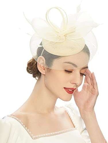 Vintage-Fascinators for Teepartys, Pillbox-Hüte for Damen mit Feder-Mesh-Stirnband und Clip, Braut- und Hochzeits-Kopfbedeckung(Ivory)