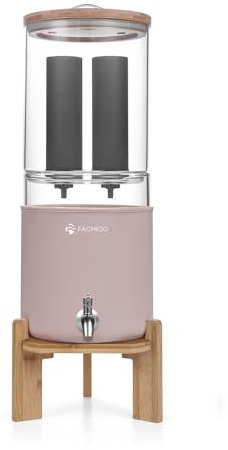 FACHIOO Système de filtre à eau alimenté par gravité en verre, système de comptoir en acier inoxydable de 8 litres avec 2 filtres noirs lavables, robinet d'eau en métal et support, réduit jusqu'à 99 %