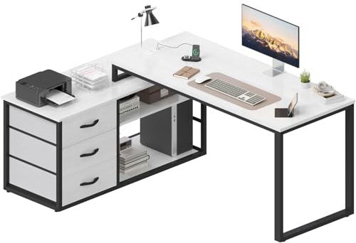 TRIUMPHKEY Eckschreibtisch mit 3 Schubladen&Stauraum, 140 x 105 x 75 cm Reversible Schreibtisch l Form, L-förmiger Schreibtisch mit 2 USB-Ladeanschlüssen und 2 Steckdosen,Grau