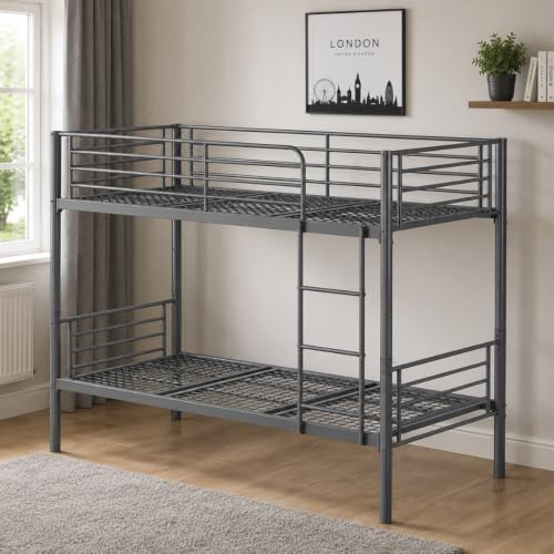 Reinforced Beds ANMER Single Over Single Metal Bunk Bed, Heavy Duty Steel Bed Frame with Reversible Ladder, Reinforced Mesh Base, Safety Guardrails, Space Saving Bunk Bed for Kids & Adults, Grey