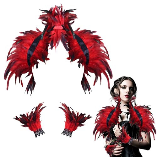 Powmag Federkragen Rot mit 1 Paar Feder Manschetten, Maleficent Kostüm Damen, Federumhang-Schal Rot Damen, Gothic Feder Cape, Pfau Kostüm, für Karneval Cosplay Fasching (Rot)