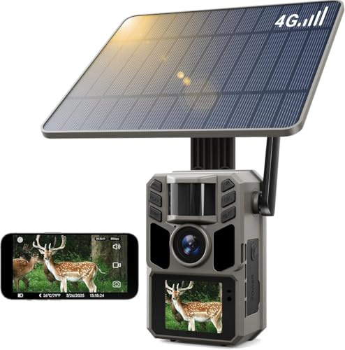 Wildkamera mit Mobilfunk und Solarbetrieb, integrierter SIM-Karte, 4G LTE, Nachtsicht, 7500-mAh-Akku, 48-MP-Foto, 4K-Video, 64-GB-Speicherkarte – ideal für die Jagd und Wildtierbeobachtung im Freien.